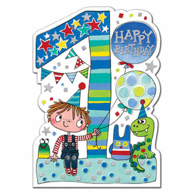 Age 1 Birthday Card: Blue Balloons