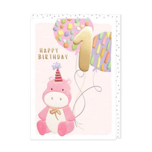Age 1 Birthday Card: Hippo (Pink)