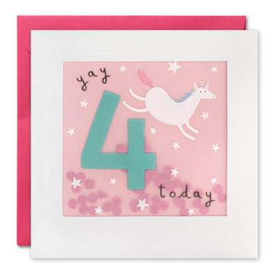 Age 4 Unicorn Paper Shakies Birthday Card