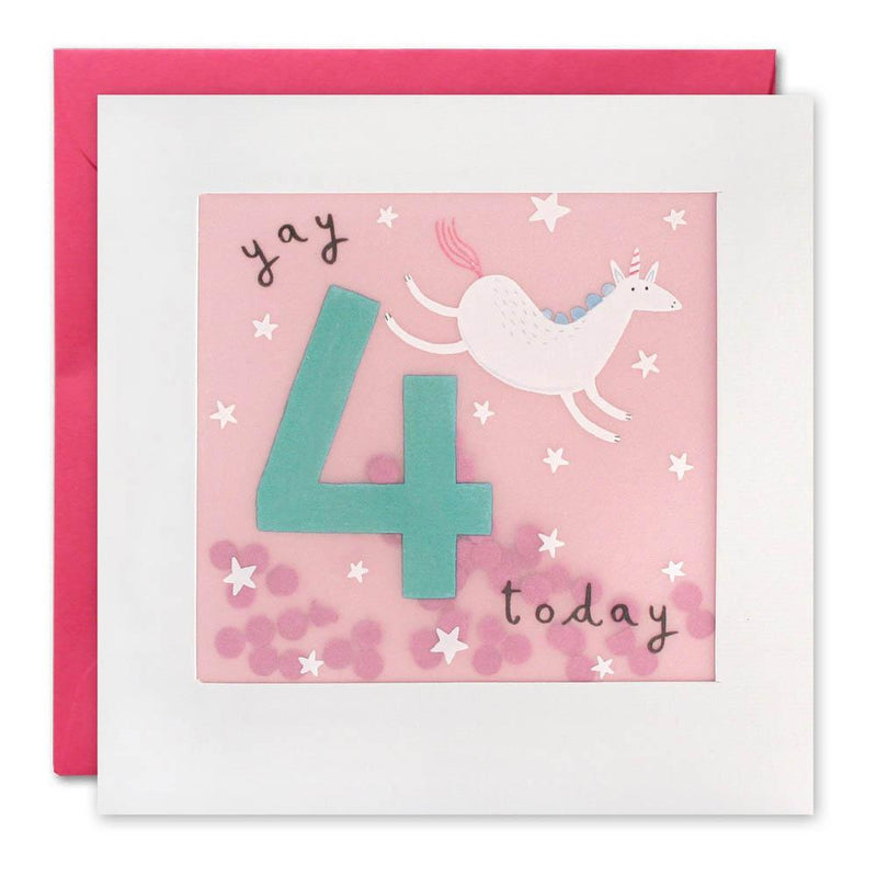 Age 4 Unicorn Paper Shakies Birthday Card