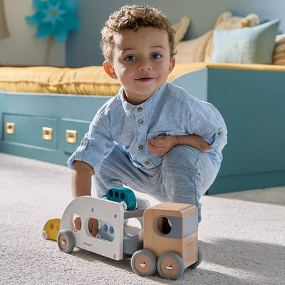 Janod Wooden Car Carrier + Vehicles-Baby Gifts-Kids Toys-Mornington Peninsula