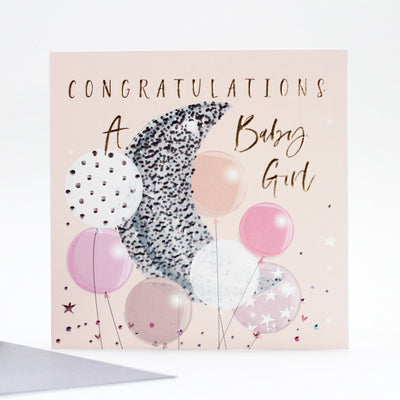 Moon & Balloons New Baby Girl Card